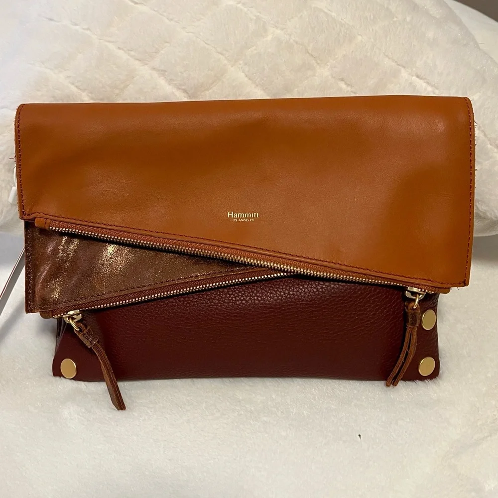 Hammitt Fold-Over Leather Clutch in Chestnut and Cognac